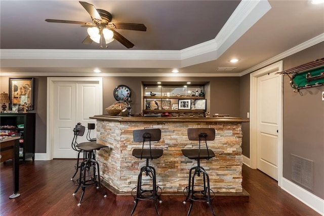 bar with a dry bar, a tray ceiling, visible vents, and dark wood-type flooring