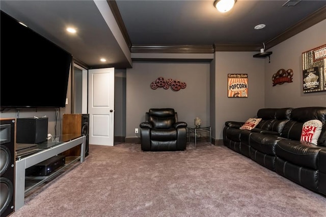 cinema room with recessed lighting, carpet flooring, crown molding, and baseboards