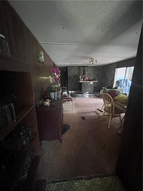 living room featuring wood walls, a textured ceiling, and carpet flooring