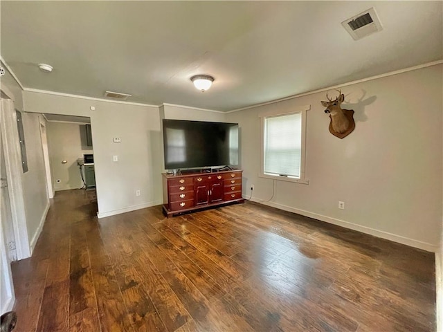 unfurnished living room with crown molding and dark hardwood / wood-style floors