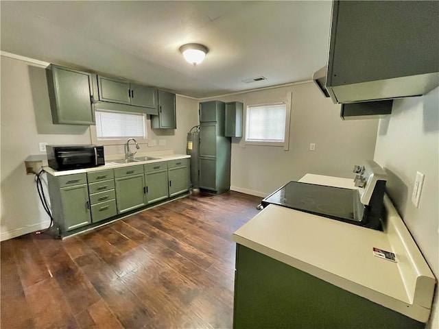 kitchen with refrigerator, sink, green cabinets, and dark hardwood / wood-style flooring