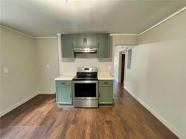 kitchen with crown molding, green cabinets, electric panel, dark hardwood / wood-style flooring, and stainless steel electric stove