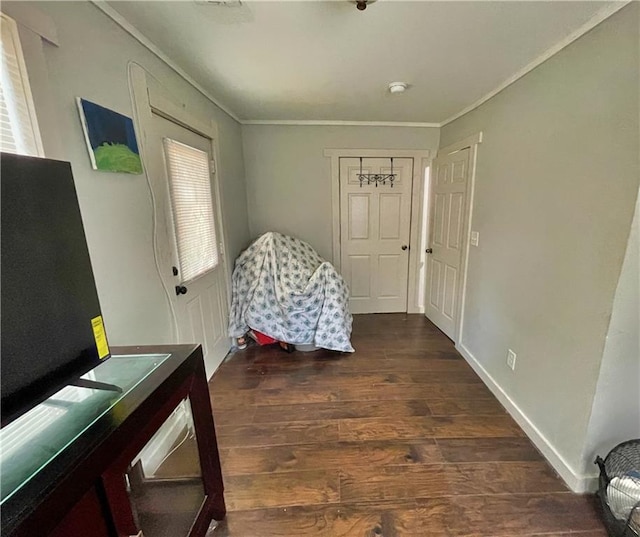 interior space with crown molding and dark wood-type flooring