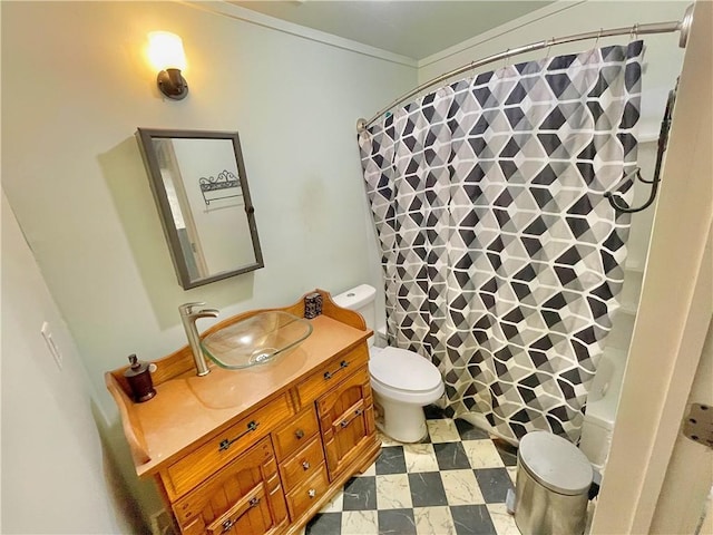 full bathroom featuring vanity, crown molding, toilet, and shower / tub combo with curtain