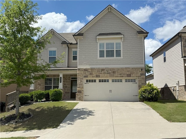 craftsman-style house featuring driveway, an attached garage, and stone siding
