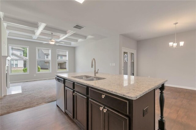 2320 Ivy Birch Ln, Buford, GA 30519 - kitchen with a sink, dishwasher, coffered ceiling, open floor plan, and wood finished floors