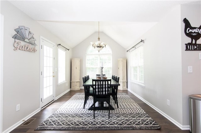 89 Paul Cir, Jasper, GA 30143 - dining area with a chandelier, dark wood-style flooring, and vaulted ceiling