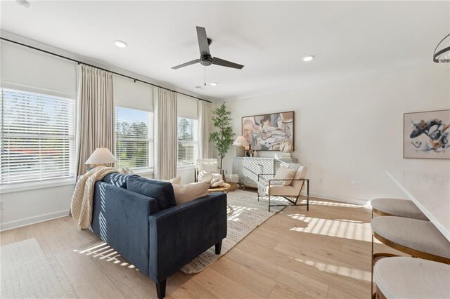 432 Carrera Ln, Acworth, GA 30102 - living room with baseboards, recessed lighting, light wood-style flooring, and ceiling fan