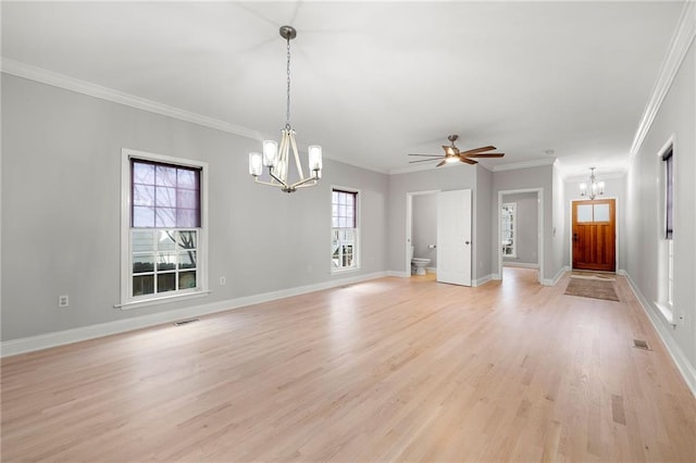 unfurnished living room with ceiling fan with notable chandelier, ornamental molding, and light hardwood / wood-style flooring