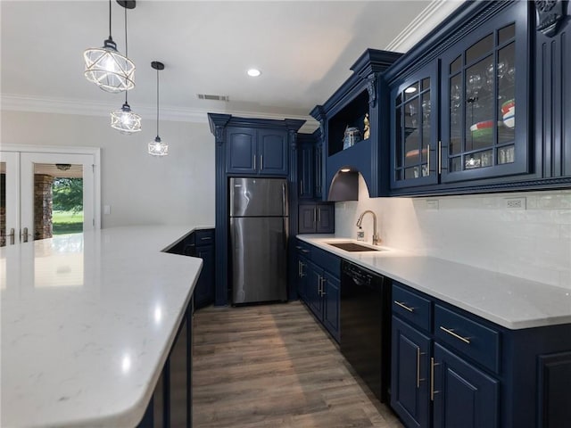 kitchen with sink, stainless steel fridge, hanging light fixtures, black dishwasher, and blue cabinets