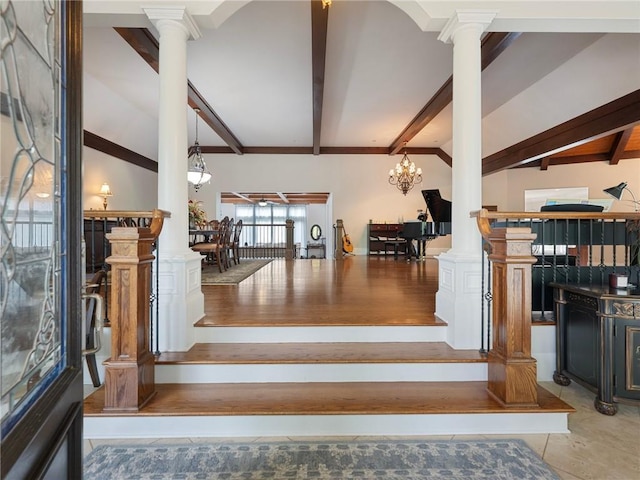 stairs featuring vaulted ceiling with beams, tile patterned flooring, decorative columns, and a notable chandelier