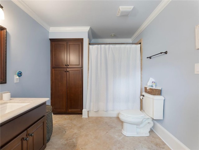 full bathroom featuring ornamental molding, shower / bath combo, vanity, and toilet