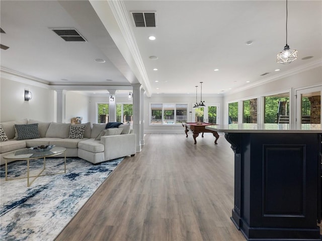 living room featuring crown molding, wood-type flooring, and decorative columns