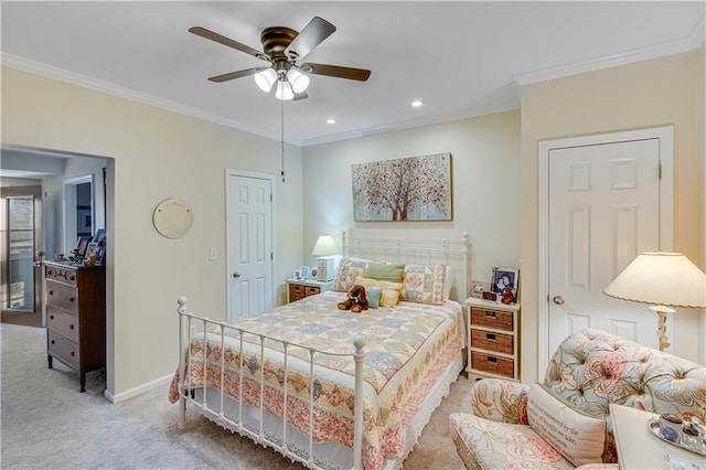 bedroom featuring light carpet, recessed lighting, baseboards, and ornamental molding