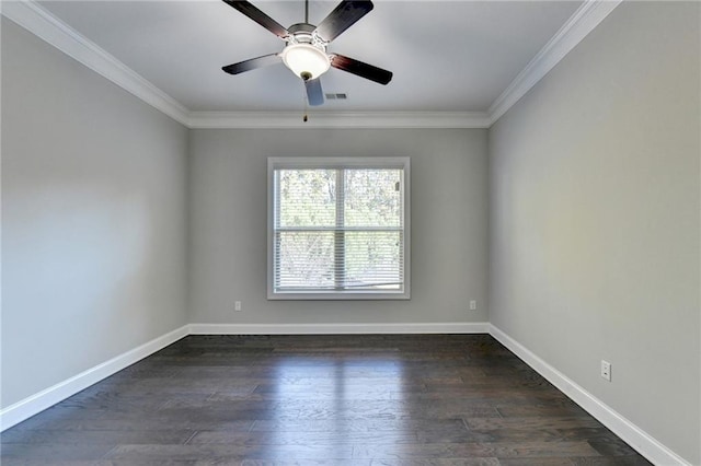 spare room featuring dark wood-type flooring, ceiling fan, and crown molding