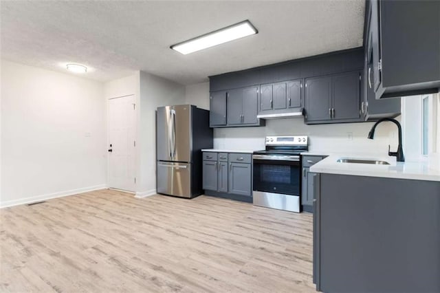 kitchen featuring under cabinet range hood, stainless steel appliances, a sink, light wood-style flooring, and a textured ceiling