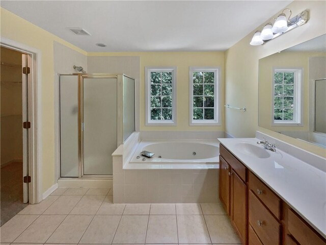 bathroom with a jetted tub, plenty of natural light, vanity, and a stall shower