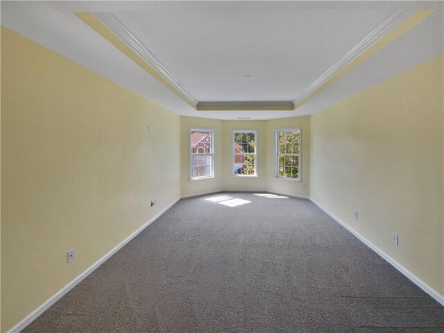 carpeted empty room featuring ornamental molding, a raised ceiling, and baseboards