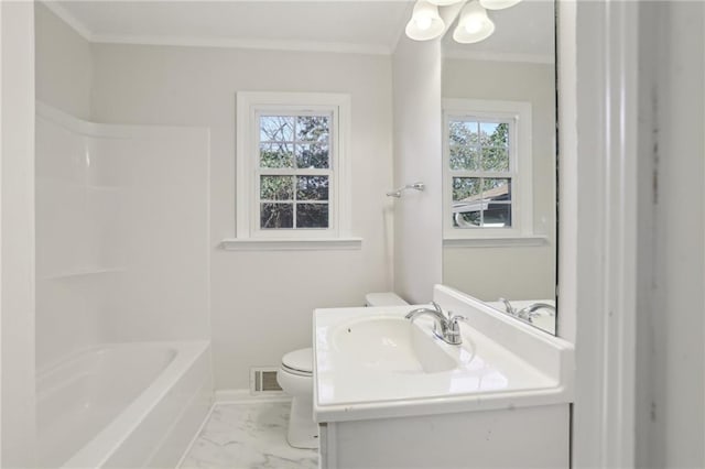 full bathroom with plenty of natural light, toilet, ornamental molding, and vanity