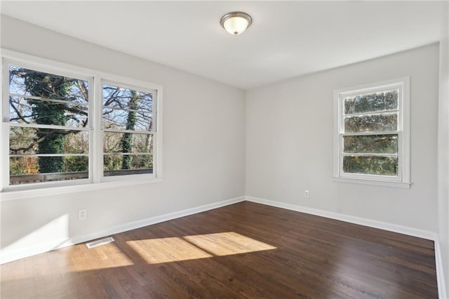 spare room with a wealth of natural light and dark hardwood / wood-style flooring