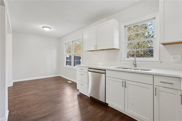 kitchen with white cabinetry, dishwasher, dark hardwood / wood-style floors, and sink