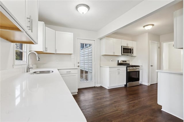 kitchen with white cabinets, stainless steel appliances, dark wood-type flooring, and sink