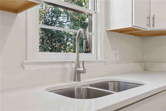 details featuring white cabinets and sink