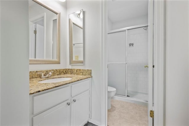 2117 Bucktrout Pl, Dunwoody, GA 30338 - full bathroom featuring toilet, vanity, a stall shower, and tile patterned flooring