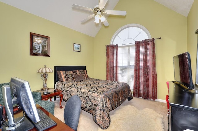 bedroom featuring carpet, ceiling fan, and lofted ceiling