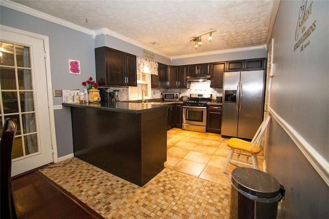 kitchen featuring appliances with stainless steel finishes, ornamental molding, dark brown cabinetry, and a textured ceiling