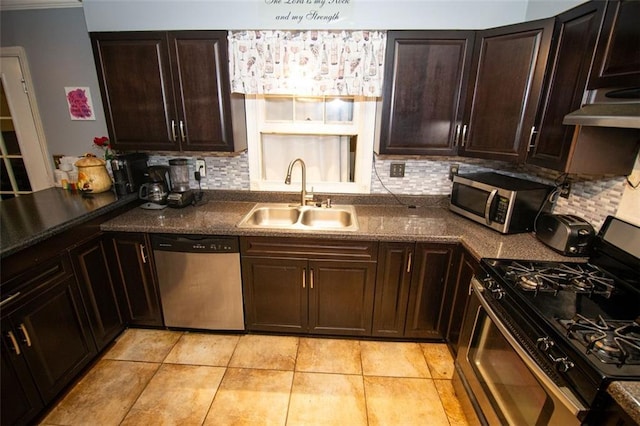 kitchen featuring tasteful backsplash, light tile patterned floors, appliances with stainless steel finishes, dark brown cabinetry, and sink