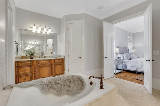 ensuite bathroom with visible vents, ensuite bath, crown molding, and a relaxing tiled tub