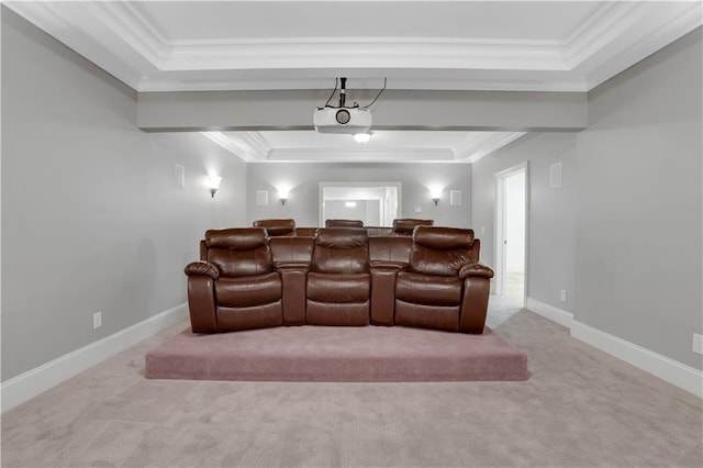 cinema featuring a raised ceiling, carpet floors, and crown molding