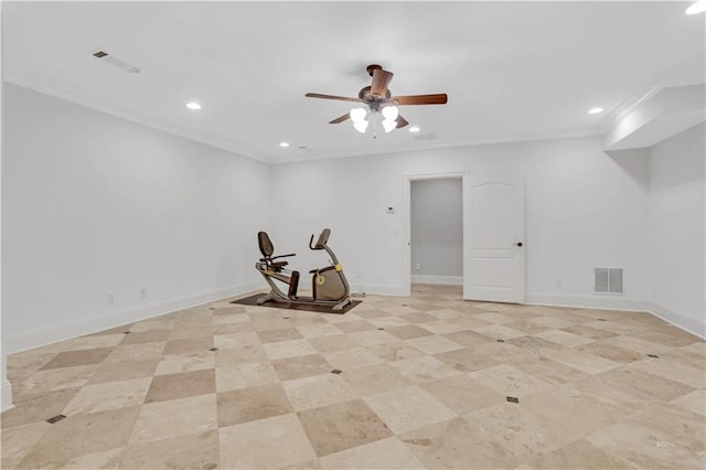 exercise room featuring visible vents, crown molding, and baseboards