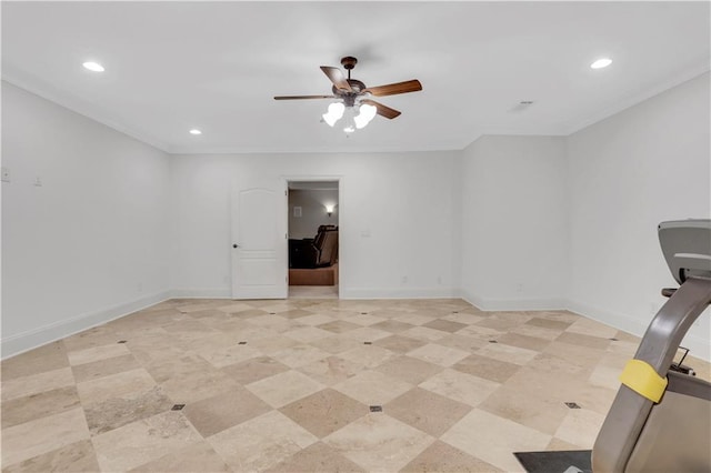 exercise area with crown molding, recessed lighting, a ceiling fan, and baseboards