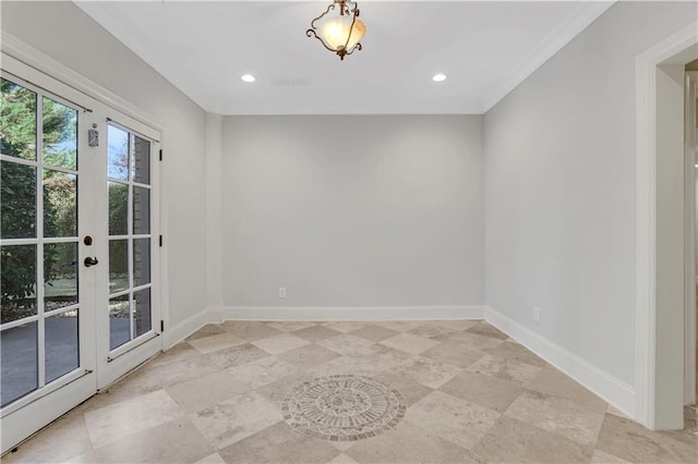 unfurnished room with crown molding, recessed lighting, and baseboards