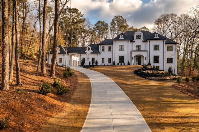 french country inspired facade with stucco siding