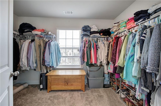 walk in closet with visible vents and carpet