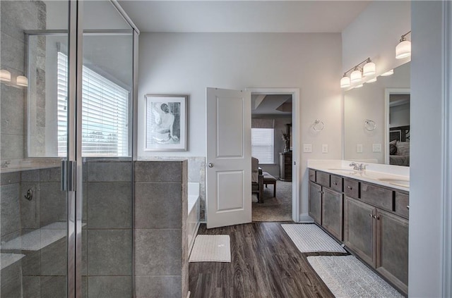 ensuite bathroom with ensuite bath, wood finished floors, a wealth of natural light, and a sink