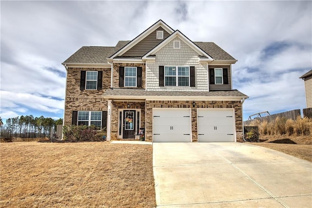 craftsman house with a garage, brick siding, concrete driveway, and a shingled roof