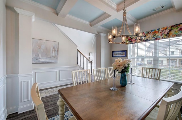 dining area featuring stairway, visible vents, coffered ceiling, beam ceiling, and a notable chandelier