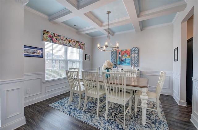 dining room featuring beamed ceiling, a notable chandelier, visible vents, and dark wood-style floors