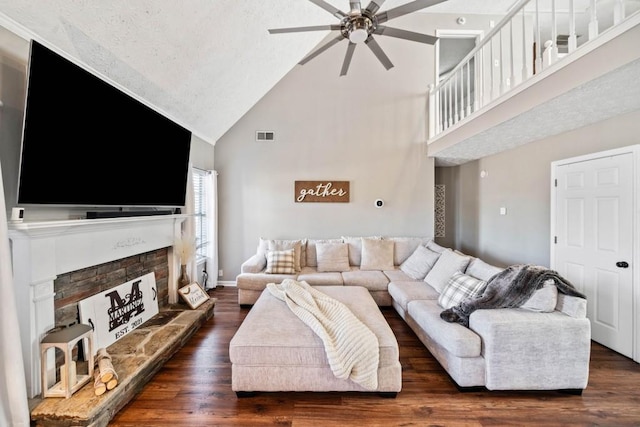 565 Saint James Ct, Lawrenceville, GA 30044 - living room with dark wood-type flooring, ceiling fan, and high vaulted ceiling