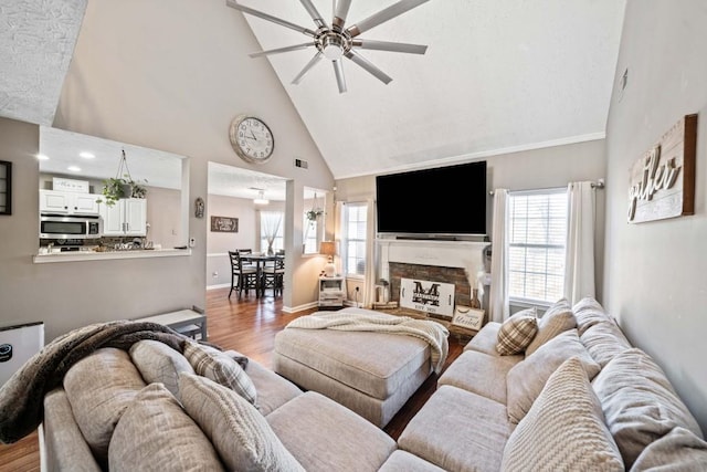 565 Saint James Ct, Lawrenceville, GA 30044 - living room featuring high vaulted ceiling, light hardwood / wood-style floors, and ceiling fan