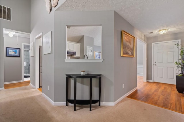 hall featuring light carpet and a textured ceiling