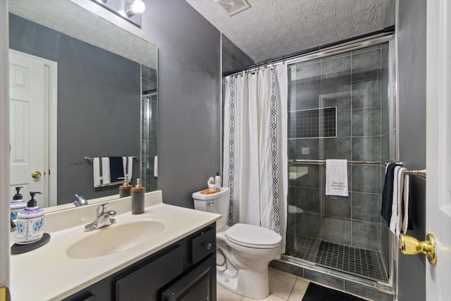 bathroom featuring curtained shower, a textured ceiling, toilet, tile patterned floors, and vanity