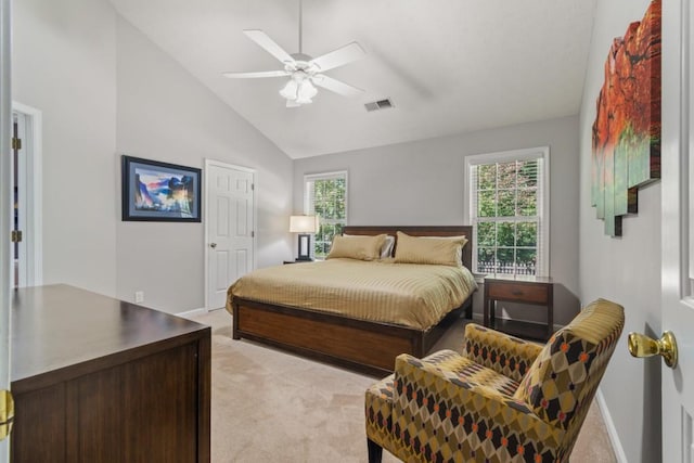 carpeted bedroom with multiple windows, high vaulted ceiling, and ceiling fan