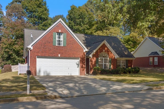 view of front facade with a front yard and a garage