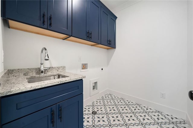 clothes washing area featuring washer hookup, sink, cabinets, and hookup for an electric dryer