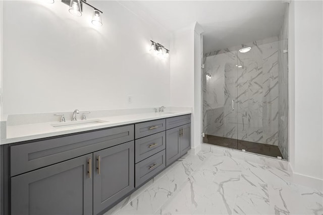 bathroom featuring vanity and a shower with door